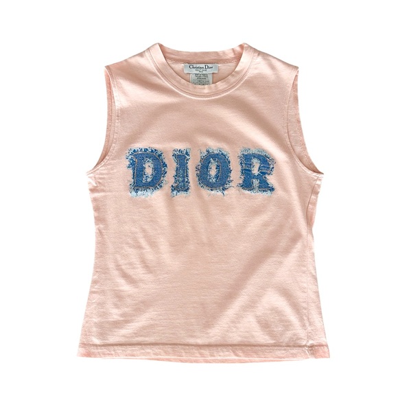 Vintage Christian Dior 2003 Denim Logo Print 100% Cotton Pink Tank Top Women's 8 - Picture 1 of 5